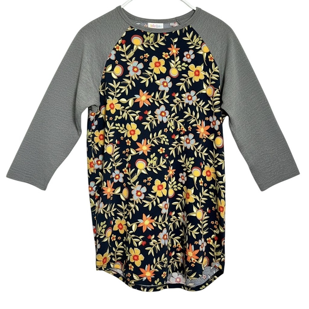 LuLaRoe Randy Baseball Tee Womens Small Floral Navy Gray Raglan 3/4 Sleeve‎ Top